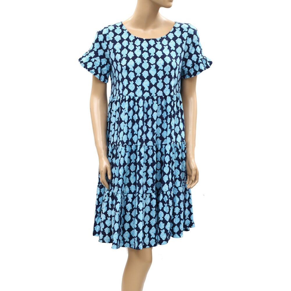 Lilly Pulitzer Jodee Short Sleeve Swing Dress Fish Print Tiered Cotton M 288192